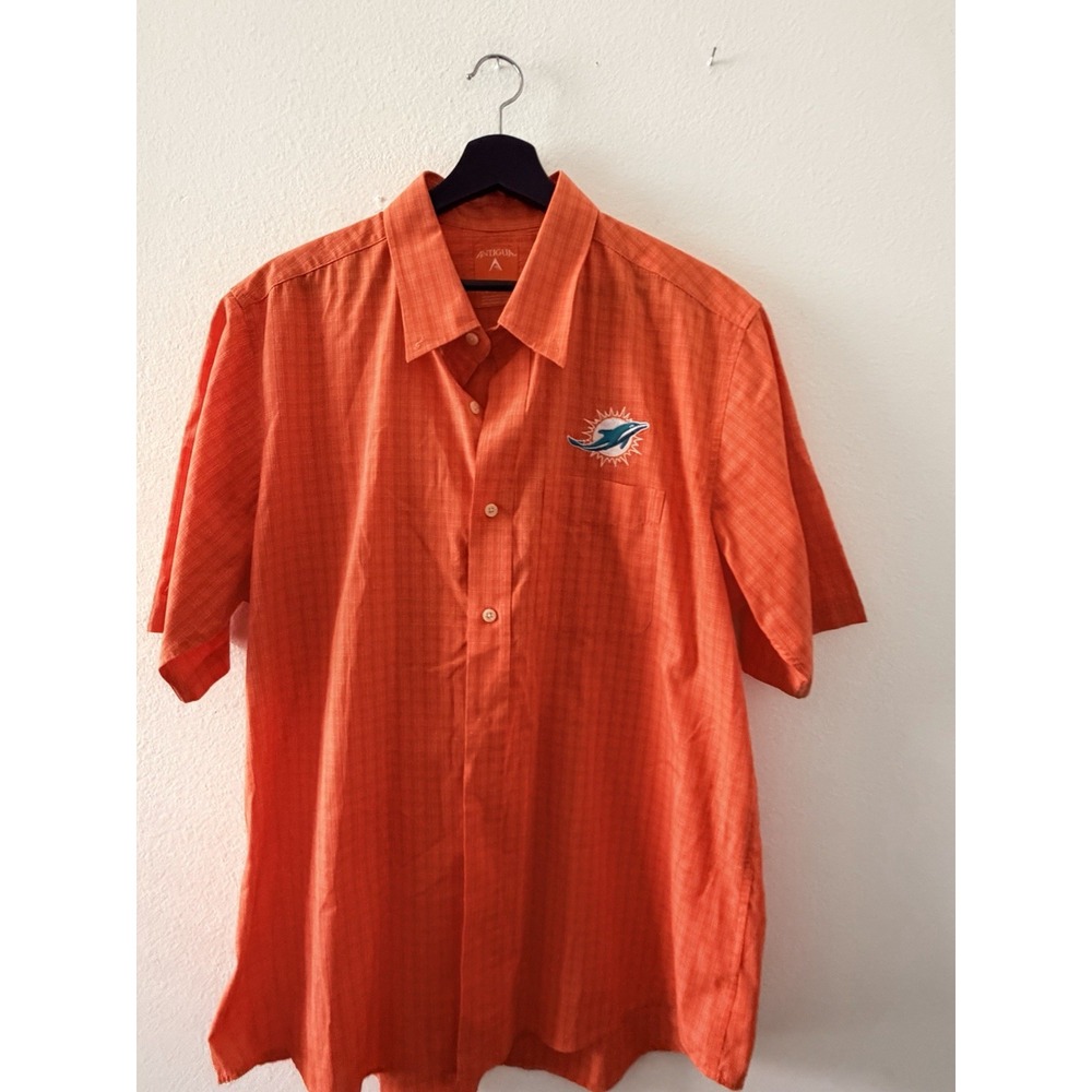 Antigua Miami Dolphins Button Down Shirt Mens XL Orange Plaid Short Sleeve